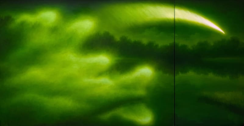 Supawich Weesapen The Comet and The Nostalgic Souls , 2023 Oil on canvas diptych Total: 279.5 x 145 cm Left: 200 x 145 cm Right 79.5 x 145 cm