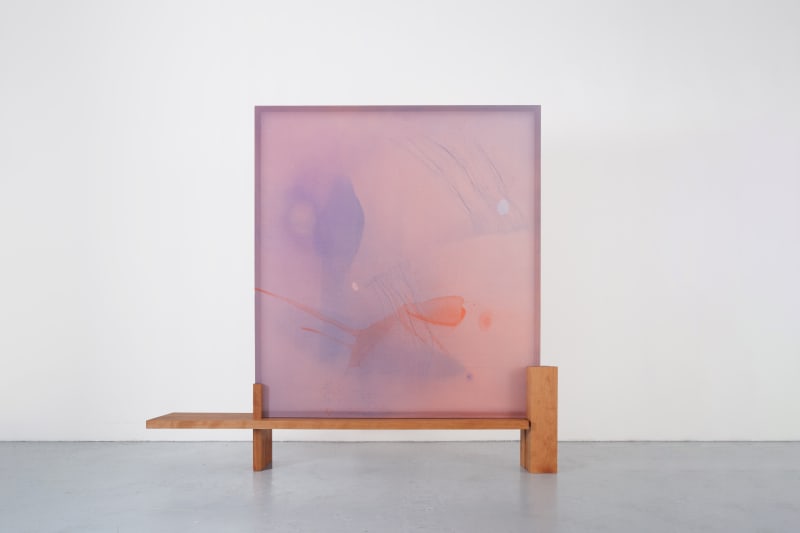 Guo-Liang Tan Funny Weather, 2023 Acrylic on aeronautical fabric, oakwood 210 x 230 x 34 cm [Painting: 180 x 165 cm / Wooden stand: H60 x L230 x W34 cm]