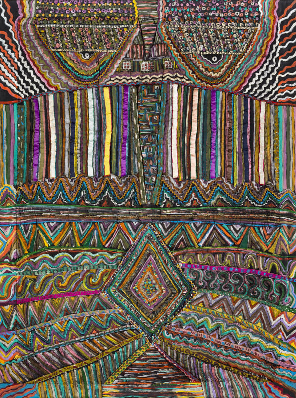 Masai Man, 1982 Acrylic, plastic beads, rick rack ribbons, painted cloth on stitched and padded canvas 80 x 56 in 203 x 142 cm