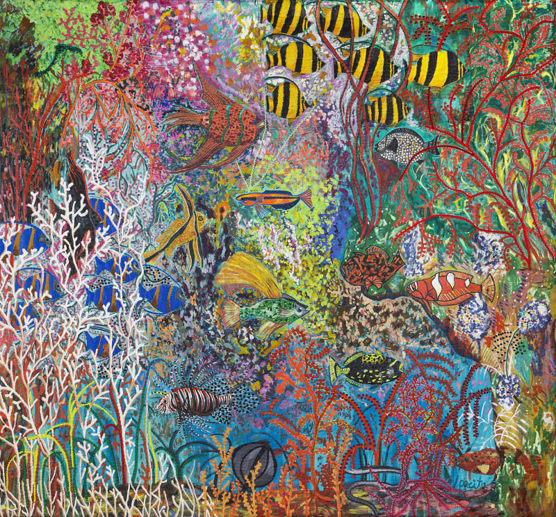 Anilao at its best, 1986 Oil, acrylic, mirrors, plastic buttons and rhinestones on stitched and padded canvas 116 x 125 in 295 x 318 cm