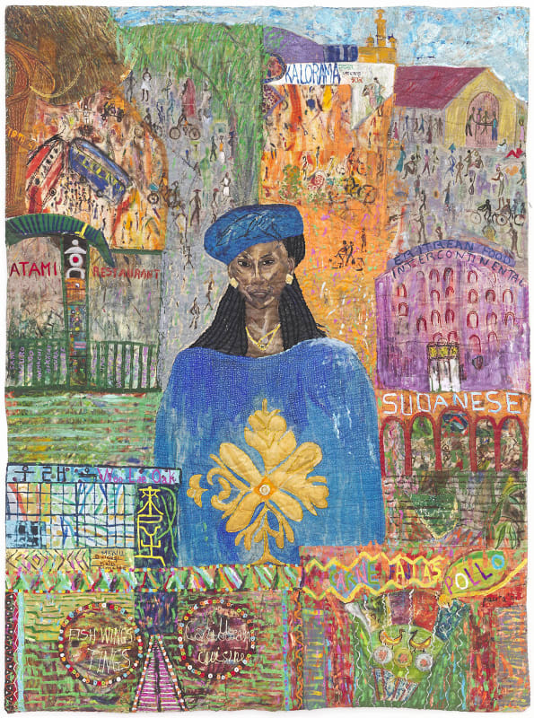 From Doro Wat to sushi and chicken wings and tings, 1991 Acrylic, oil, painted canvas, plastic buttons, beads on stitched and padded canvas 96 x 69 in 244 x 175 cm