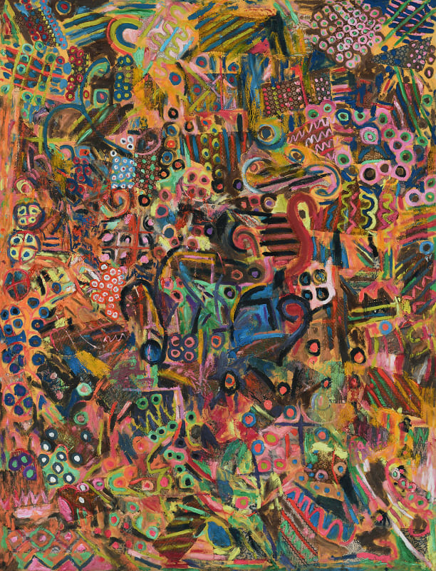 Dancing in the dark, 2002 Oil, batik stitched on canvas 94 x 71 in 240 x 180 cm