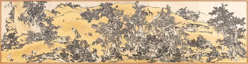 YANG Jiechang Tale of the Eleventh Day - Golden Mustard Seed Garden, 2016-2018 Ink and mineral colors on silk, mounted on canvas, 5 panels 179 x 142 cm each, overall 179 x 710 cm 70.47 x 55.91 in each, overall 70.47 x 279.53 in