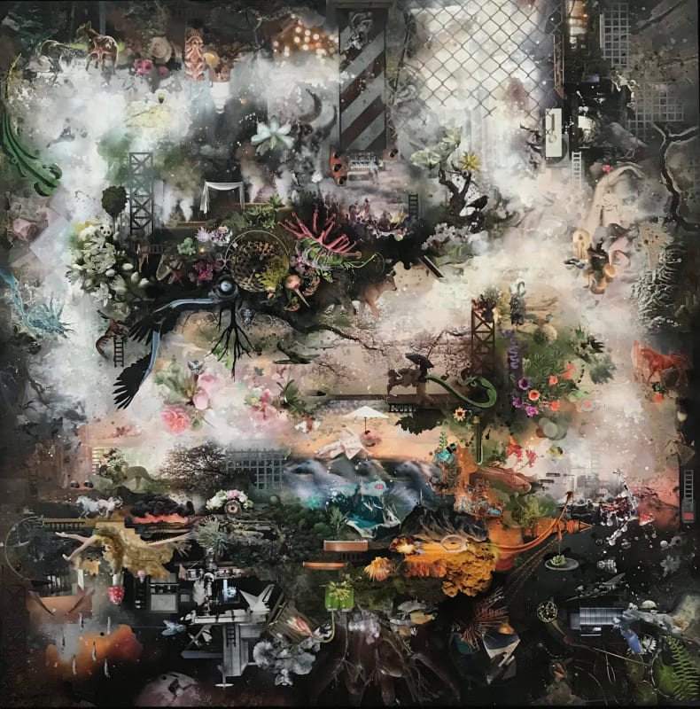 Geovanni Abing Fragile World, 2025 Collage, acrylic, spray paint on canvas with UVLS varnish 78 x 78 in 198.1 x 198.1 cm