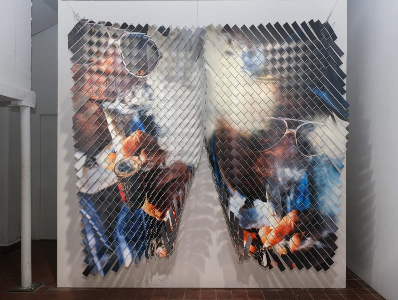 Glen Wilson TexarkanaCaliCool / Relaxing With Mr. Dafney, 2019 steel, chain link mesh, and UV print on synthetic resin 94 x 108 x 13 in 238.8 x 274.3 x 33 cm