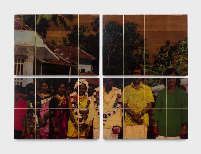 Saju Kunhan 11th May 1980 Wedding Day #7, 2025 Image transfer, acrylic colour, brass inlay and varnish on recycled teak wood 60 x 84 x 2 1/2 inches 152.4 x 213.4 x 6.3 cm Set of 4 Panels