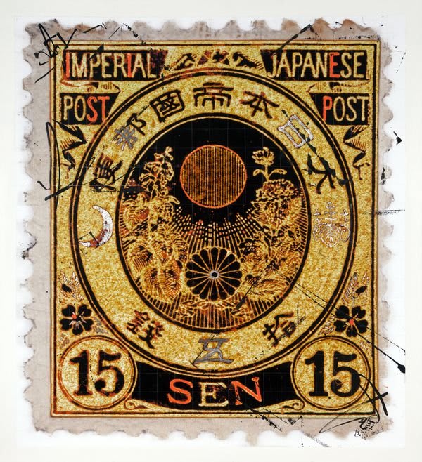 Piers Bourke Sen Yellow, 2013 silver leaf, diamond dust, ink, and acrylic on collaged photographic print encased in perspex 47.5 x 43 x 2 in 120 x 109 cm edition of 6