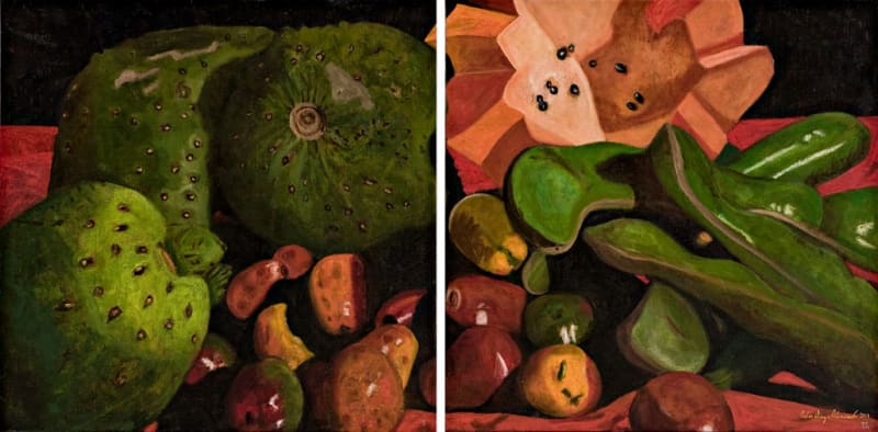 Pedro Diego Alvarado-Rivera Diptych: Guanabanas, Papaya, Jinicuiles, y Ciruelas, 2011 Oil on linen 26.7 x 50 in 67.9 x 127 cm