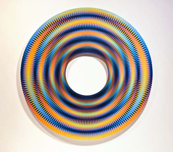Eric Zammitt Ever-Presence, 2022 colored Plexiglas, layered, sliced, reassembled, sanded and polished 59 inches diameter 59 x 59 inches