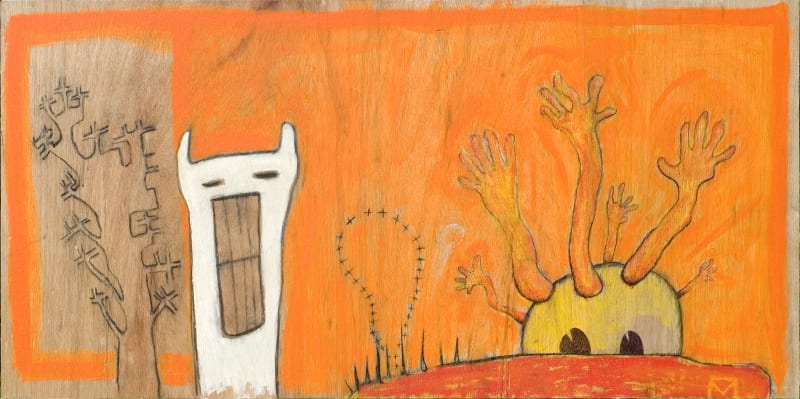 John Awram Growing acrylic, charcoal and ball point pen on plywood 120 x 60 cm