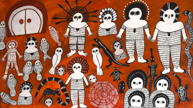 Donny Woolagoodja Wandjina & Unguds (clouds & rain spirits & totems), 2020 Acrylic on Canvas 85 x 150 cm