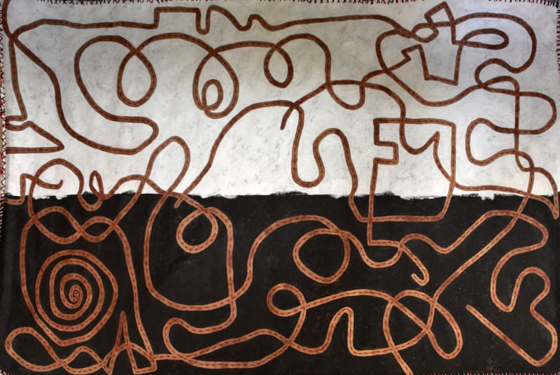Stephen Eastaugh Wanderlust (Bloody Australian Landscape) Acrylic, Wool, Linen. Unframed 200 x 180 cm
