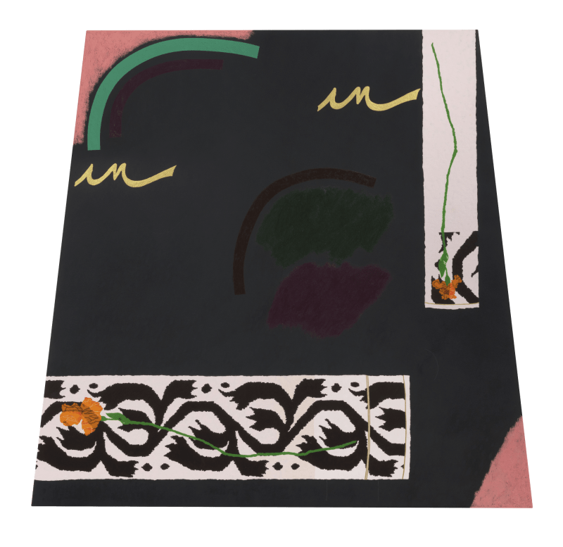 ALLISON MILLER Violet, 2021 Oil, oil stick, acrylic, and colored pencil on canvas 56 (height) x 45 1/2 (top width) x 58 1/2 (bottom width) in.