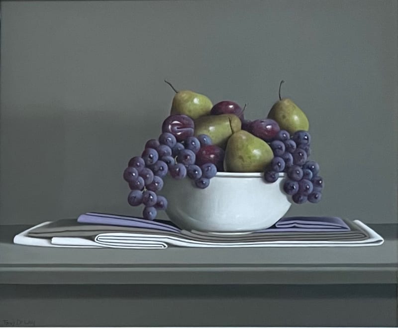 Tony de Wolf Bowl with Grapes, Pears and Plums on Folded Linen Oil on panel 20 x 24 "