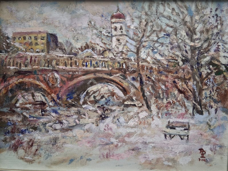 Dennis Poirier, A Cambridge Winter's Day, Harvard w/ Weeks Bridge & Dunster House 12x16