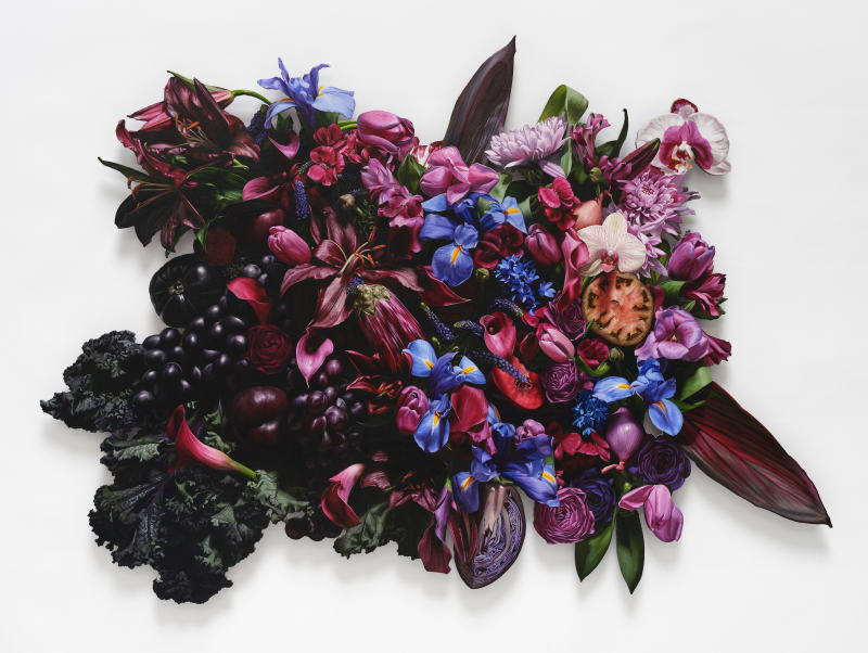 Mason Pott Color Field [Purple & Crimson} with Kale & Grapes, 2025 Oil on custom cut aluminum panel 26 x 38 in. 66 x 96.5 cm