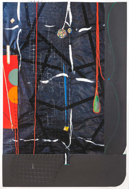 Carl E. Hazlewood BlackHead Anansi - Illusion Forbidden Fruit, 2022 Polyester, cut Hahnemuhle paper, vinyl tape, push pins, grommet, plastic mesh, map pins, oil pastel, acrylic, pigment ink 51 x 34 inches 129.5 x 86.4 cms