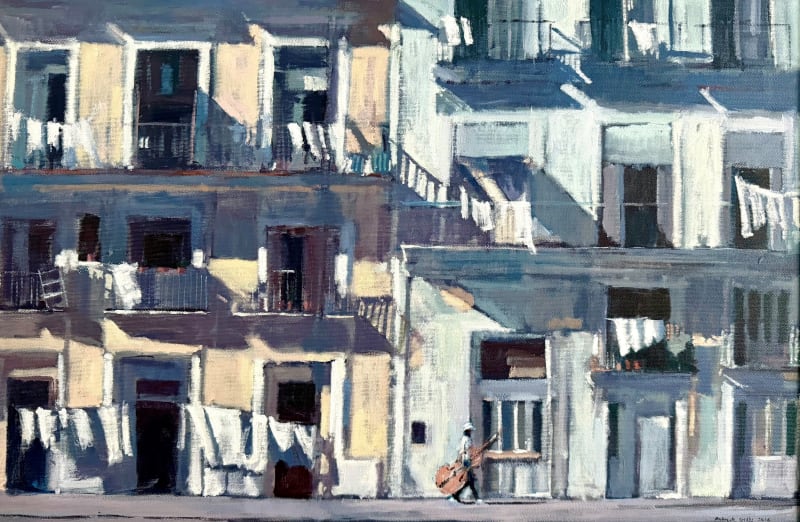 Patrick Gibbs STREET SCENE HAVANA WITH MUSICIAN Acrylic on board 19 1/4 x 29 1/2 in 49 x 75 cm