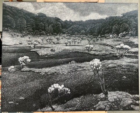 Maryanto Humming, All the way to Rhino (MT. Pangrango), 2025 Scratching, acrylic on canvas 100 x 80 cm