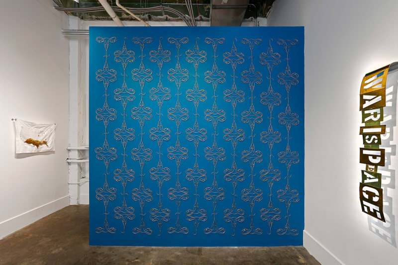 Holly Ballard Martz Danger of Nostalgia (in wallpaper form) , 2018 powder coated steel hangers, brass nails, paint 12 x 12'