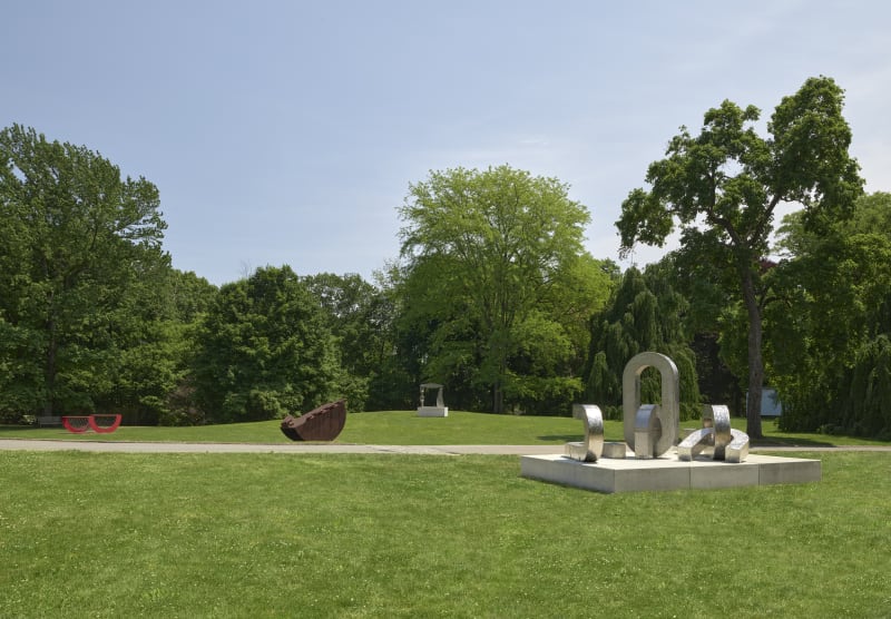 Installation view of Melvin Edwards: Brighter Days at deCordova Sculpture Park and Museum, June 1, 2022 - May 8, 2023. Melvin Edwards: Brighter Days was originally presented by Public Art Fund in New York City. Photo: Julia Featheringill.