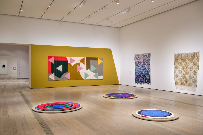Installation photo of the exhibition “Woven Histories: Textiles and Modern Abstraction” at the Los Angeles County Museum of Art, Sep 17, 2023 - Jan 21, 2024, © Harmony Hammond, photo © Museum Associates/LACMA