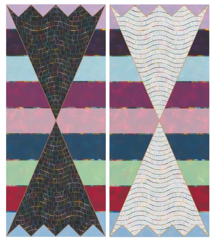 Dyani White Hawk (Sičáŋǧu Lakota, b. 1976) They Gifted (Night), 2024, Screen prints on Lanaquarelle, Edition of 24, Each 58 x 28 1/2 in. Museum purchase with funds from Drs. George and Sarah Pappas Art Acquisition Fund, 2025. Courtesy of the artist and Tandem Press, Madison, WI. © Dyani White Hawk, 2025.27.1