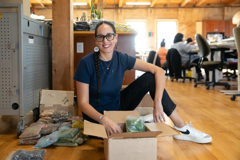 Dyani White Hawk in her studio at the Casket Arts building in northeast Minneapolis. Photo: John D. and Catherine T. MacArthur Foundation