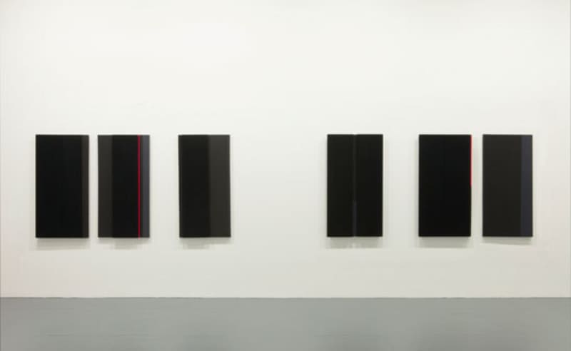 "Absorb/Diffuse," detail of installation at the Kitchen, 2011, six acoustic absorber panels, black gesso, and acrylic glaze on canvas, 48 × 24 inches each.