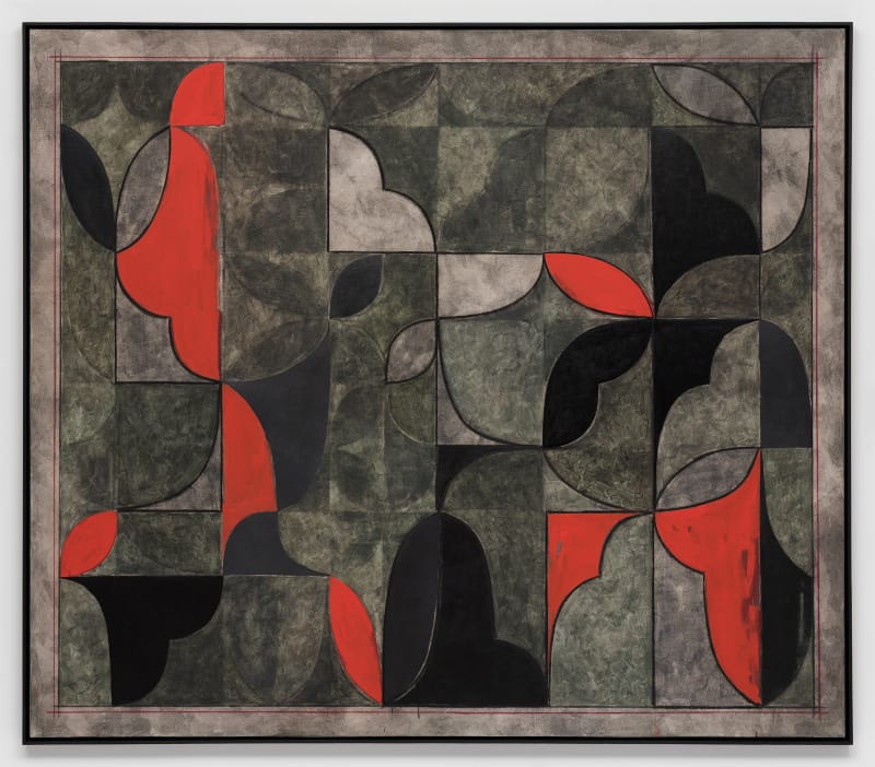 Kamrooz Aram, Iskandari, 2021–22, oil, oil crayon, wax pencil, and pencil on linen in artist’s frame, 171.1 x 196.5 cm. Courtesy the artist.