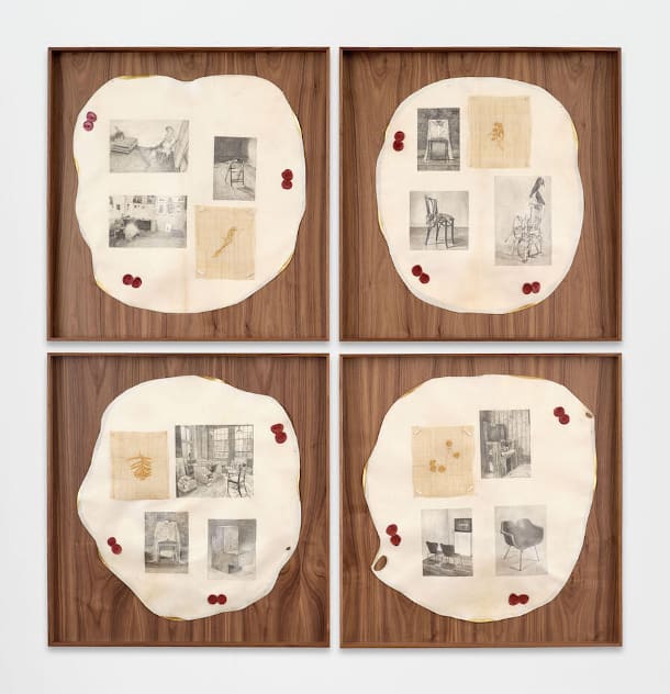 Kang Seung Lee, "Untitled (Chairs)," 2023. Graphite, antique 24k gold thread, sambe, pearls, 24k gold leaf, sealing wax on parchment, brass nails, walnut veneer, walnut frame,170 x 164 x 7 cm. Courtesy of the artist and Commonwealth and Council.