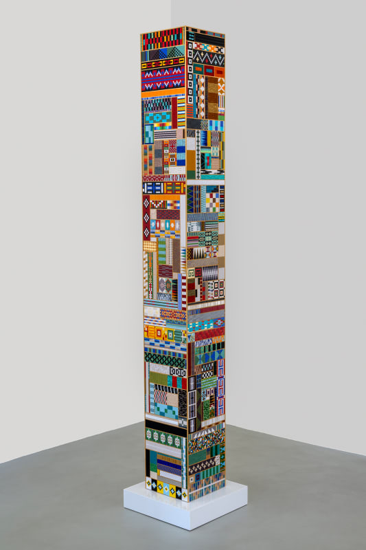 Visiting, 2024, acrylic, glass bugle beads, thread, and synthetic sinew on aluminum panel, engineered quartz base