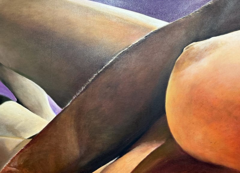 Detail of Joan Semmel, "Mythologies and Me" (1976), oil on collage canvas (all photos Lisa Yin Zhang/Hyperallergic)