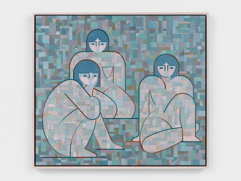 Three Blue Women, 2025, Canvas, acrylic, pencil, and jade adhesive on panel