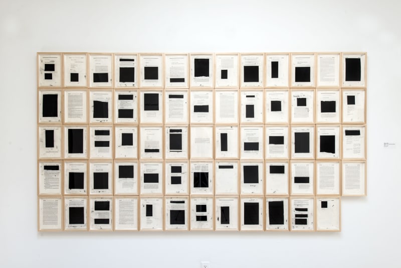 Southern Review, 1985 (Special Edition), 2014-2015 Charcoal on found paper in 64 parts 58 3/4 x 107 1/4 x 1 1/2 in overall (149.2 x 272.4 x 3.8 cm overall) 11 3/4 x 8 1/4 x 1 1/2 in framed each (29.8 x 21 x 3.8 cm framed each)