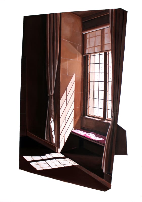 A painting of a dark room with the only light coming from a window which is partially covered the blind with two curtains on either side. The shadow from the window pane falls on the floor.