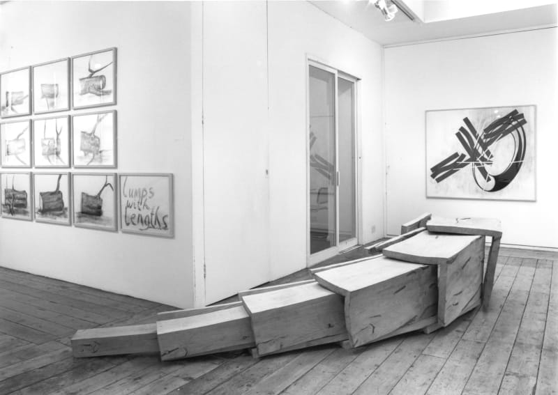 Sculpture and Sculptor's Drawings. Fore Ground: Extended Cube by David Nash Left background: Lumps with Lengths by David Nash Right background: Drawing No. 574 by Nigel Hall