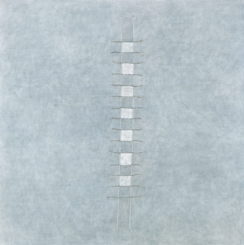 * Edda RenoufAperture, July Sounds, 2014 - 2017 acrylic on linen; removed and reapplied threads 150 x 150 cm