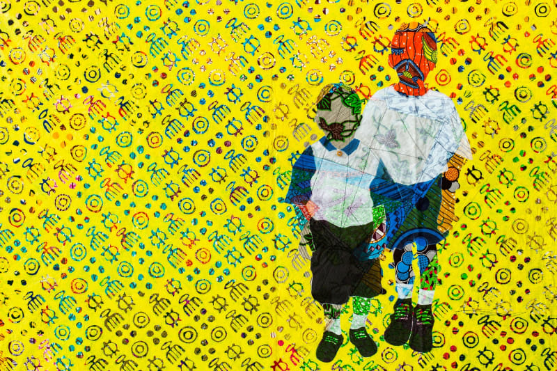 Raphael Adjetey Mayne, BOYS AFTER CHURCH, 2018, Collage, mixed media on canvas, 115 x 158 cm