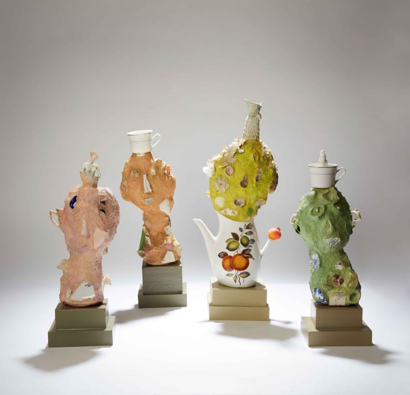 Kate Dorrough, Effigies of Domesticity, ceramic shards, concrete, artificial flowers, acrylic paint, 62 x 32 cm (overall)