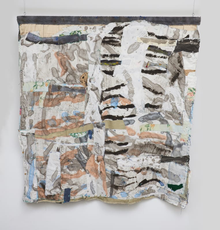 Kate Dorrough, The Burnt Landscape, textile, ink, acrylic paint, stitching, beads, sequins, `150 x 150 cm