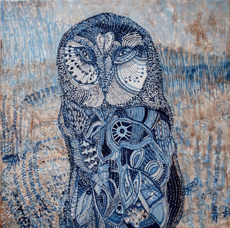 Joshua Yeldham Owl of Blue Bells, 2022, acrylic on hand carved paper, 197 x 194 cm