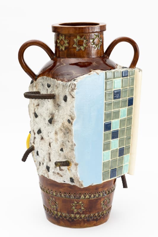 Scott Duncan Summertime Blues, 2023, raku clay, underglaze, glazes, acrylic. 77 x 50 x 48 cm