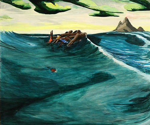 Rendering of a small ship on a stormy sea navigating through rock formations