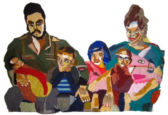 Fabric rendering of a man, woman, and four children