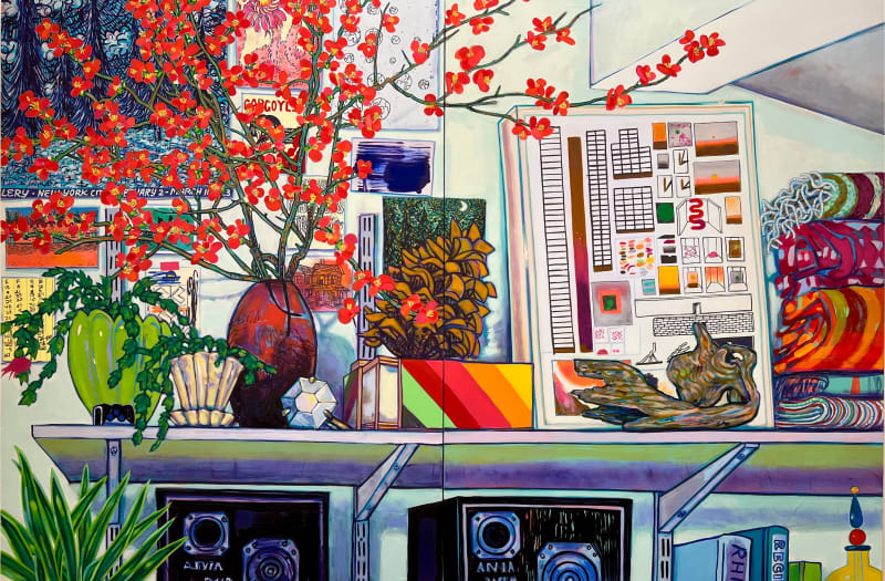 Still life with orange plants, artworks, and gifts from friends on a shelf