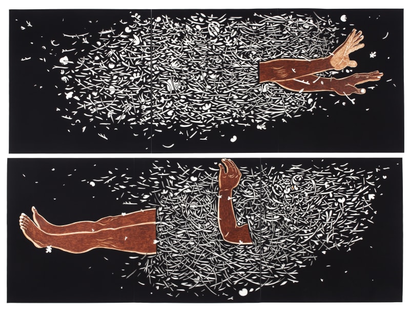 Two cut black paper works each showing prone figure, legs and arms painted brown, body cut as filigree from paper