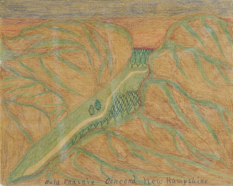 Child-like landscape, with words beneath saying "Bald Prairie Concord New Hampshire"