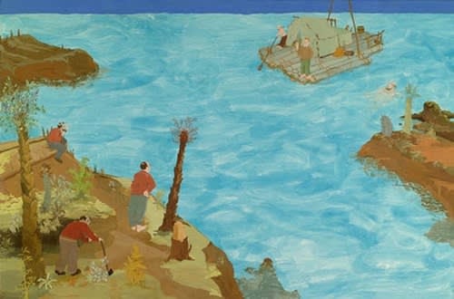 Painting of water and island, with a boat in the water nearing the island