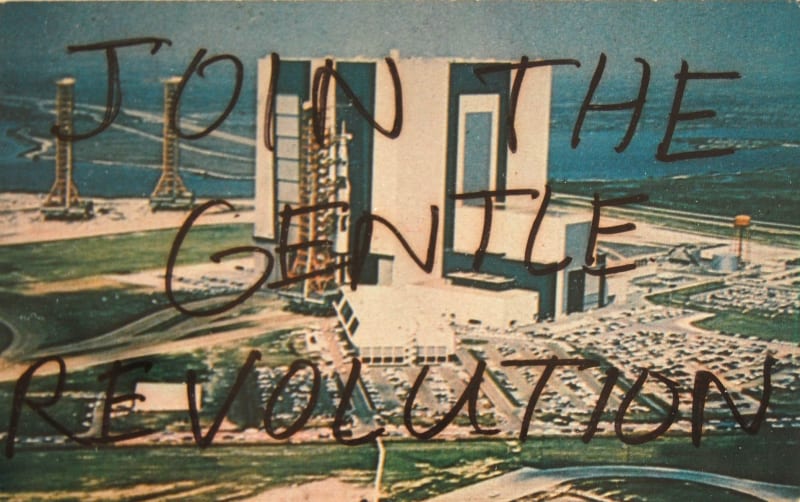 Industrial landscape photograph with text over it that says "JOIN THE GENTLE REVOLUTION"